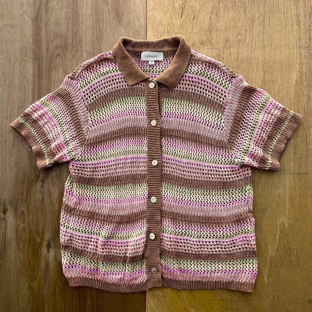 L SPACE CROCHET STRIPED CARDIGAN Women’s sz S Brown Pink Green Button Down
